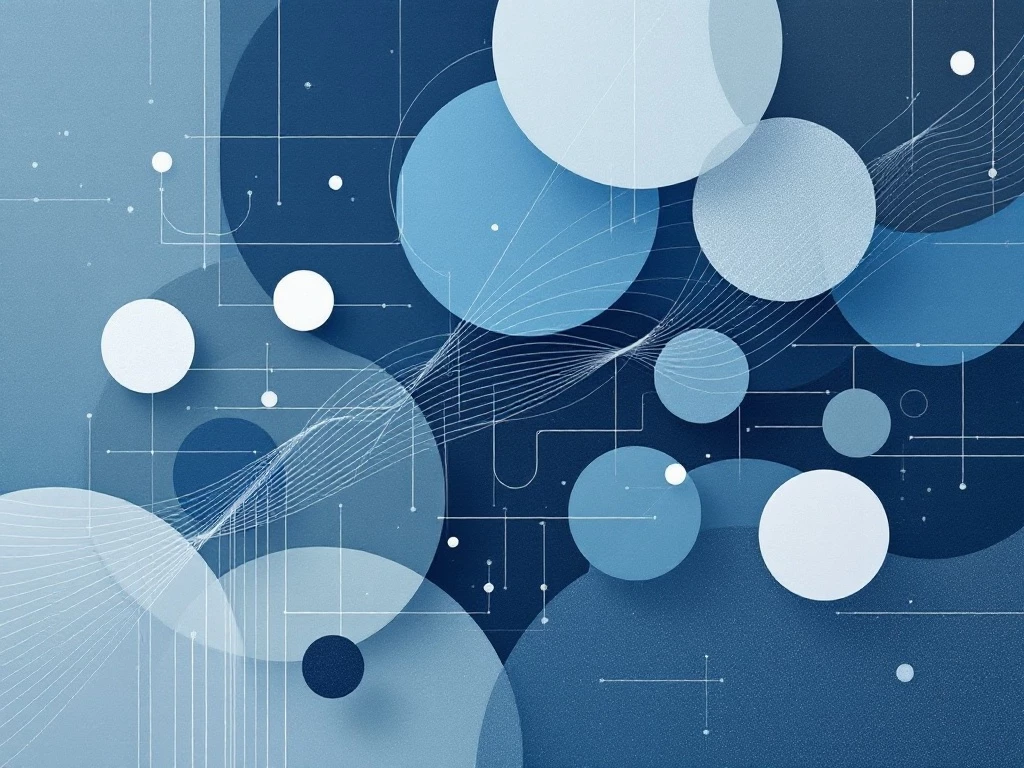 A minimalist abstract composition featuring geometric shapes and lines in shades of blue, gray, and white.