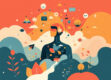 Minimalist graphic illustration depicting an abstract educational concept with geometric shapes and a stylized human figure.