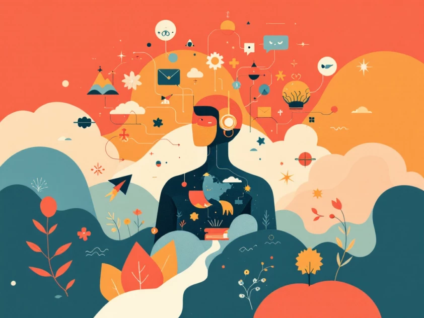 Minimalist graphic illustration depicting an abstract educational concept with geometric shapes and a stylized human figure.