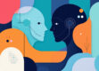 A modern minimalist illustration featuring abstract geometric shapes representing conversational AI and chatbot technology.