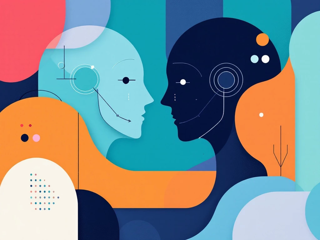 A modern minimalist illustration featuring abstract geometric shapes representing conversational AI and chatbot technology.