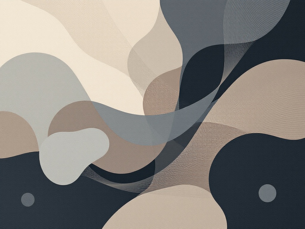 Minimalist abstract geometric composition with overlapping shapes and lines in muted colors.