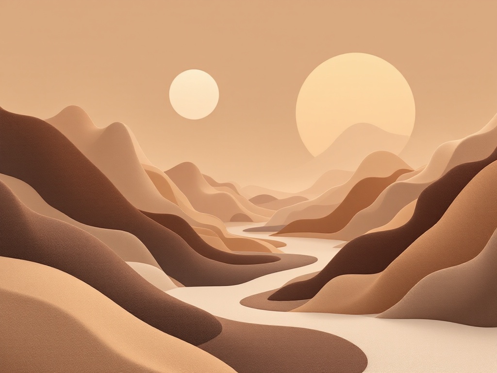 A digital landscape featuring abstract geometric shapes and fluid lines in muted, earthy tones.