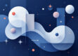 A minimalist composition of abstract geometric shapes in blue, gray, and white.