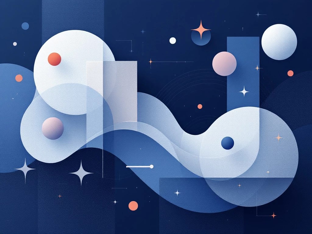 A minimalist composition of abstract geometric shapes in blue, gray, and white.