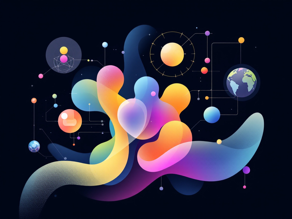 A modern digital illustration of colorful abstract geometric shapes interacting in a clean composition.