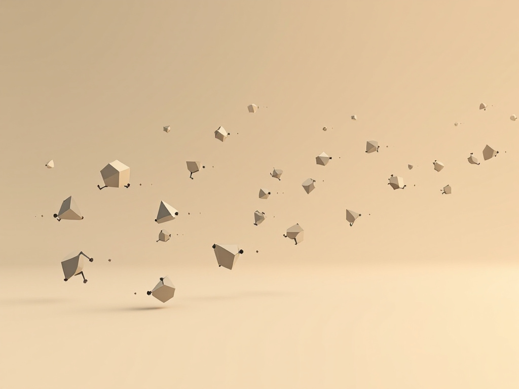 A swarm of abstract geometric shapes in muted tones suggesting collaboration.