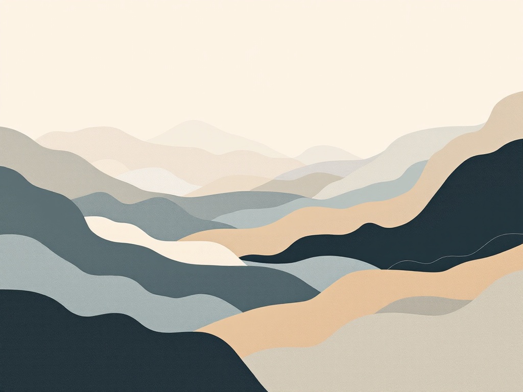 A minimalist, abstract landscape featuring organic shapes and fluid forms in a muted color palette.
