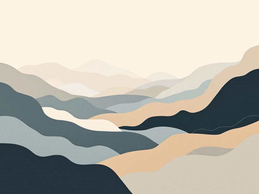 A minimalist, abstract landscape featuring organic shapes and fluid forms in a muted color palette.