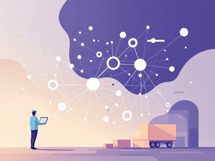 An abstract illustration of interconnected shapes and lines representing AI-driven supply chain management.