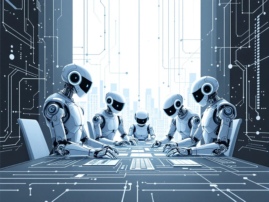 A minimalist wireframe illustration of abstract robotic figures collaborating in a technology-driven environment.