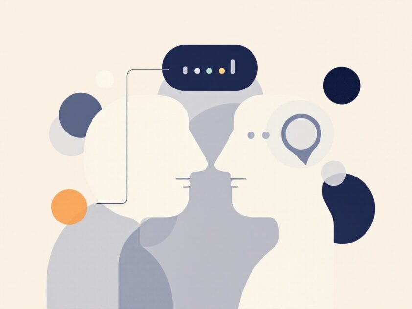 Minimalist illustration of abstract shapes symbolizing communication and interoperability between software agents.