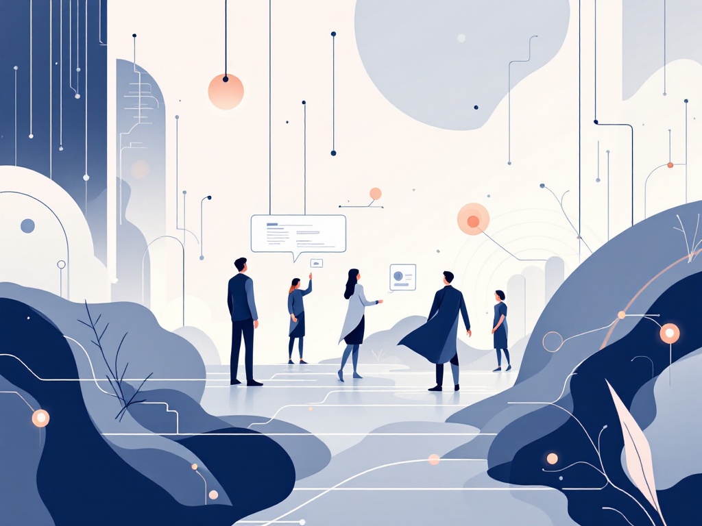 A sleek, minimalist illustration of abstract software agents in a digital landscape.