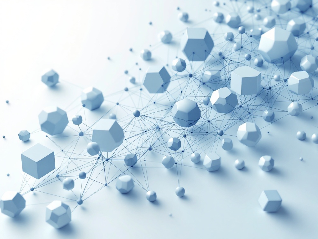 A minimalist, abstract 3D visualization of interconnected geometric shapes in shades of gray and blue representing supply chain dynamics.