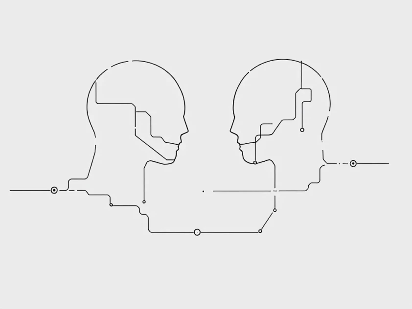 Sleek illustration of two abstract agent figures in a fluid, connected communication.