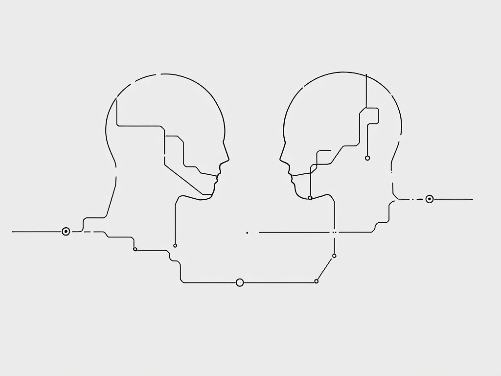 Sleek illustration of two abstract agent figures in a fluid, connected communication.