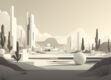 A digital illustration depicting an abstract landscape with minimalist shapes and forms in muted colors.