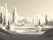 A digital illustration depicting an abstract landscape with minimalist shapes and forms in muted colors.
