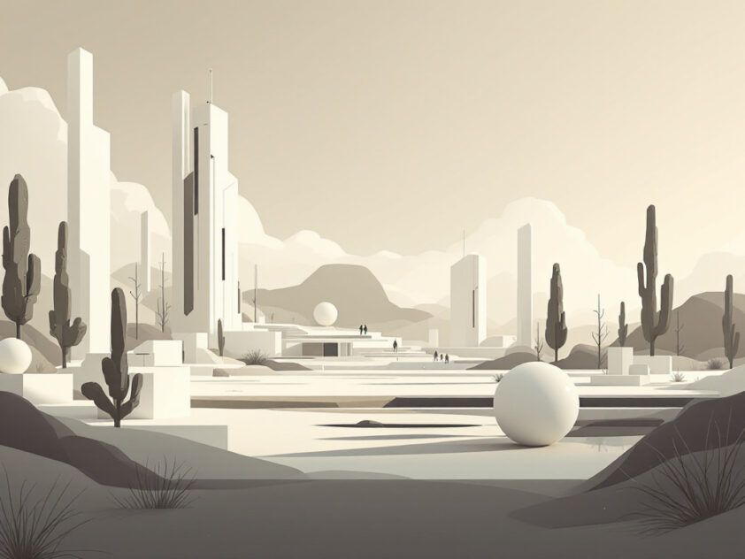 A digital illustration depicting an abstract landscape with minimalist shapes and forms in muted colors.