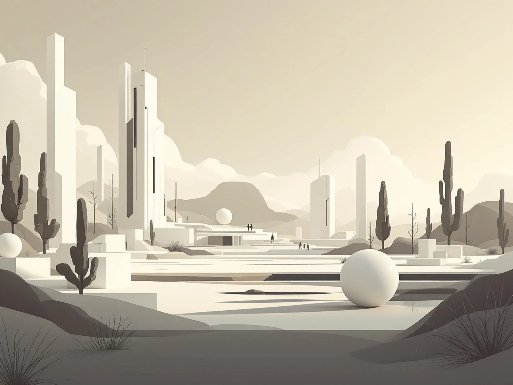 A digital illustration depicting an abstract landscape with minimalist shapes and forms in muted colors.
