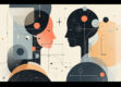 An abstract, minimalist illustration featuring geometric shapes and muted colors, depicting ethical considerations of chatbots and AI technology.