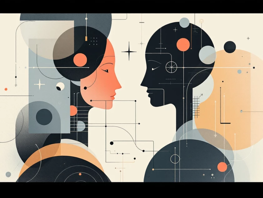 An abstract, minimalist illustration featuring geometric shapes and muted colors, depicting ethical considerations of chatbots and AI technology.