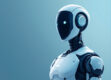 A minimalist digital illustration of an abstract robotic figure in a modern color palette of blues, grays, and whites.