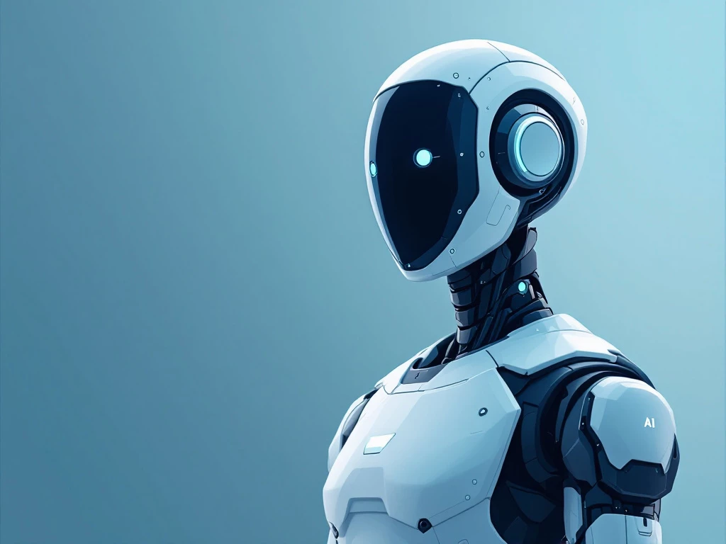A minimalist digital illustration of an abstract robotic figure in a modern color palette of blues, grays, and whites.