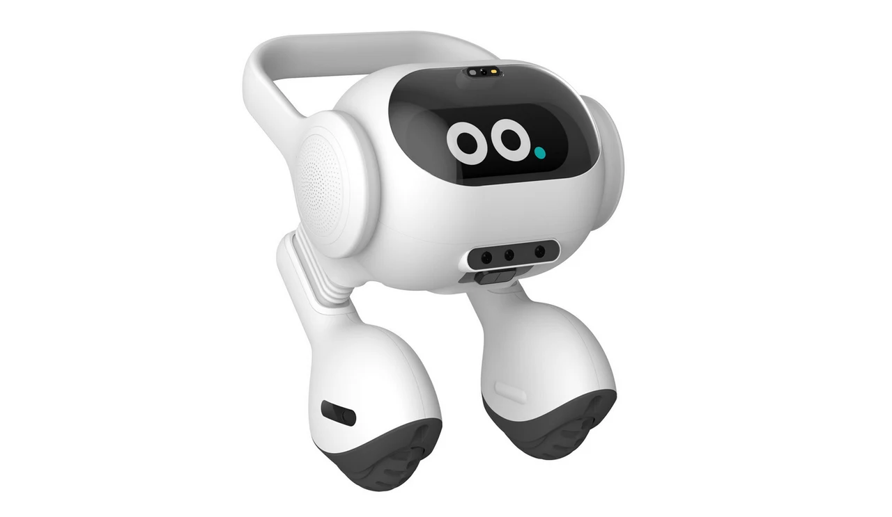 A small, white robot with expressive eyes and sensors.