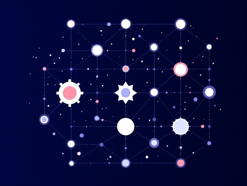 A minimalist illustration of interconnected geometric shapes representing agent-based modeling.