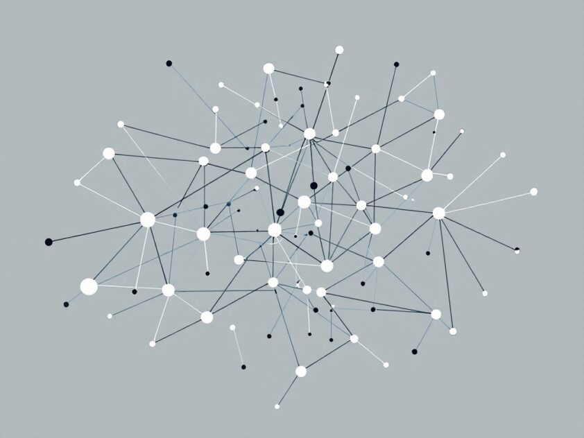 A minimalist rendering of a network of interconnected nodes representing an agent-based modeling simulation.