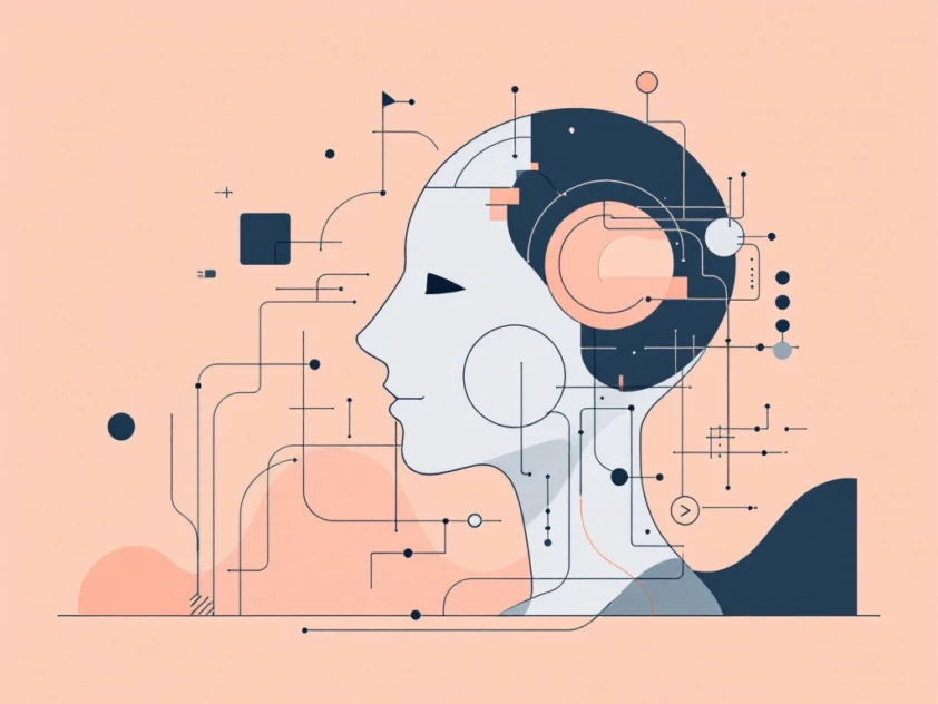 A minimalist illustration conveying the impact of artificial intelligence on society with abstract shapes and lines.