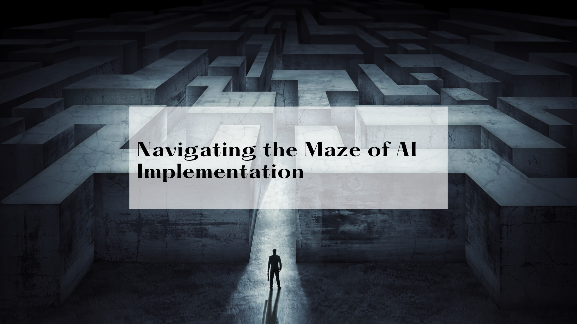 A figure at a dark maze entrance symbolizing AI challenges.