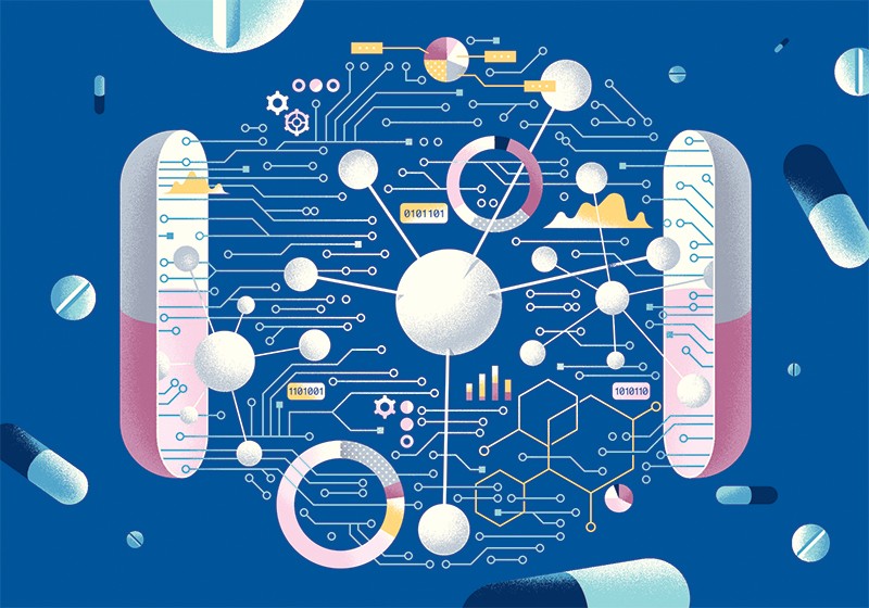 Digital collage of capsules with data and circuits symbolizing AI in pharma