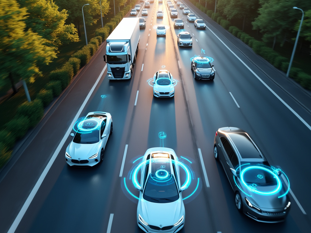 A high-angle view of modern vehicles on an urban road with digital signals.