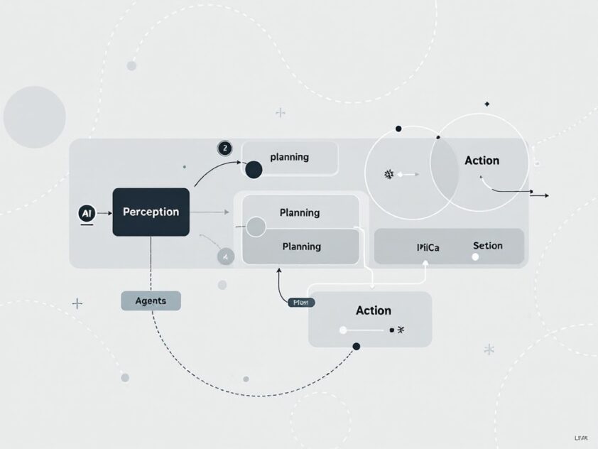 Modern and minimalist illustration depicting the components of an AI agent architecture with geometric shapes and interconnected modules.