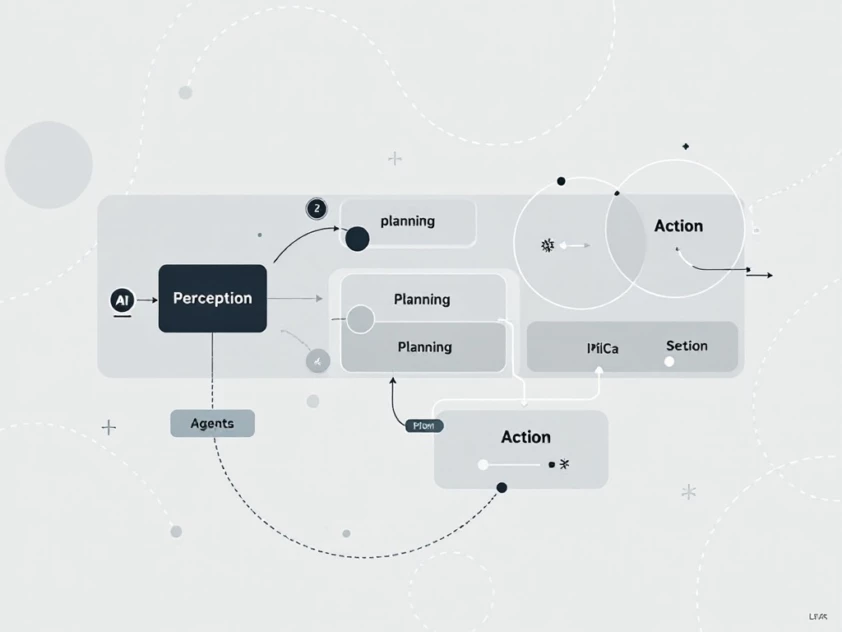Modern and minimalist illustration depicting the components of an AI agent architecture with geometric shapes and interconnected modules.