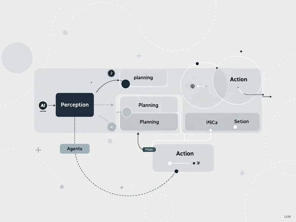 Modern and minimalist illustration depicting the components of an AI agent architecture with geometric shapes and interconnected modules.