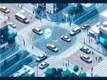 A network of autonomous vehicles navigating a city intersection without traffic lights or signs, showcasing communication and coordination among them.