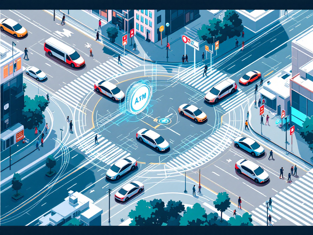 A network of autonomous vehicles navigating a city intersection without traffic lights or signs, showcasing communication and coordination among them.