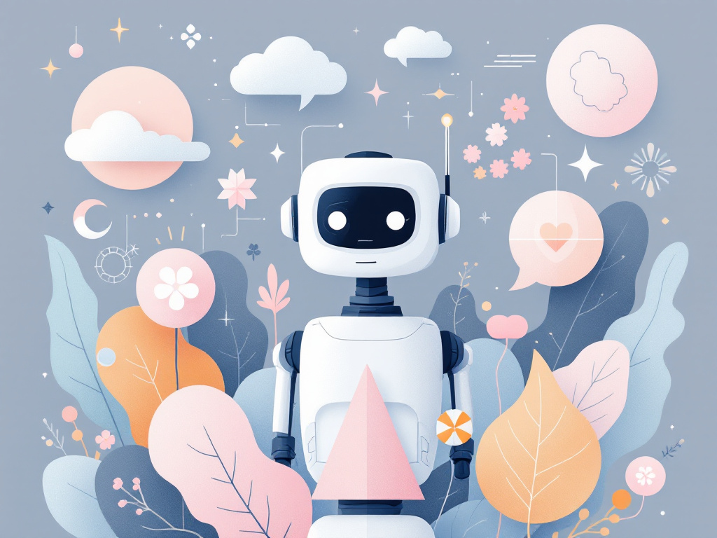 A clean, minimalist illustration featuring geometric shapes in pastel colors, representing AI and chatbot technology.