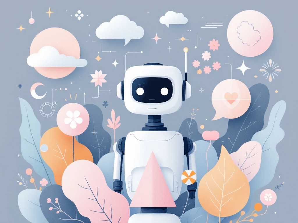 A clean, minimalist illustration featuring geometric shapes in pastel colors, representing AI and chatbot technology.