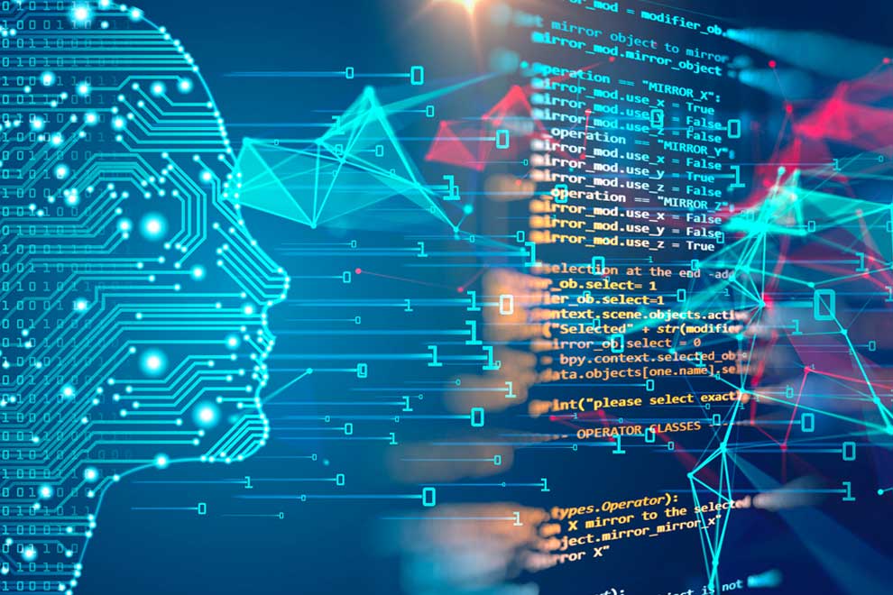 Digital head with circuit patterns and code illustrating AI advancements.