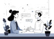 A modern minimalist illustration showing the interaction between a human and an AI digital assistant in customer service.