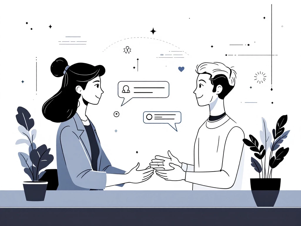 A modern minimalist illustration showing the interaction between a human and an AI digital assistant in customer service.