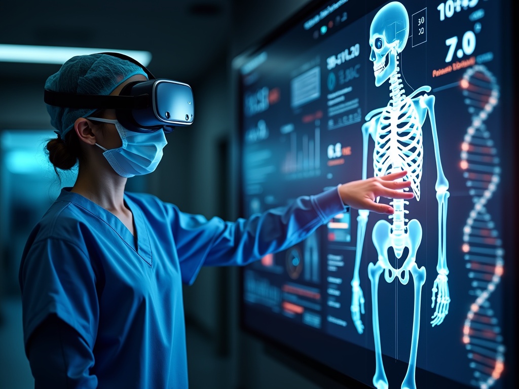 Healthcare professional using VR headset with 3D holograms.