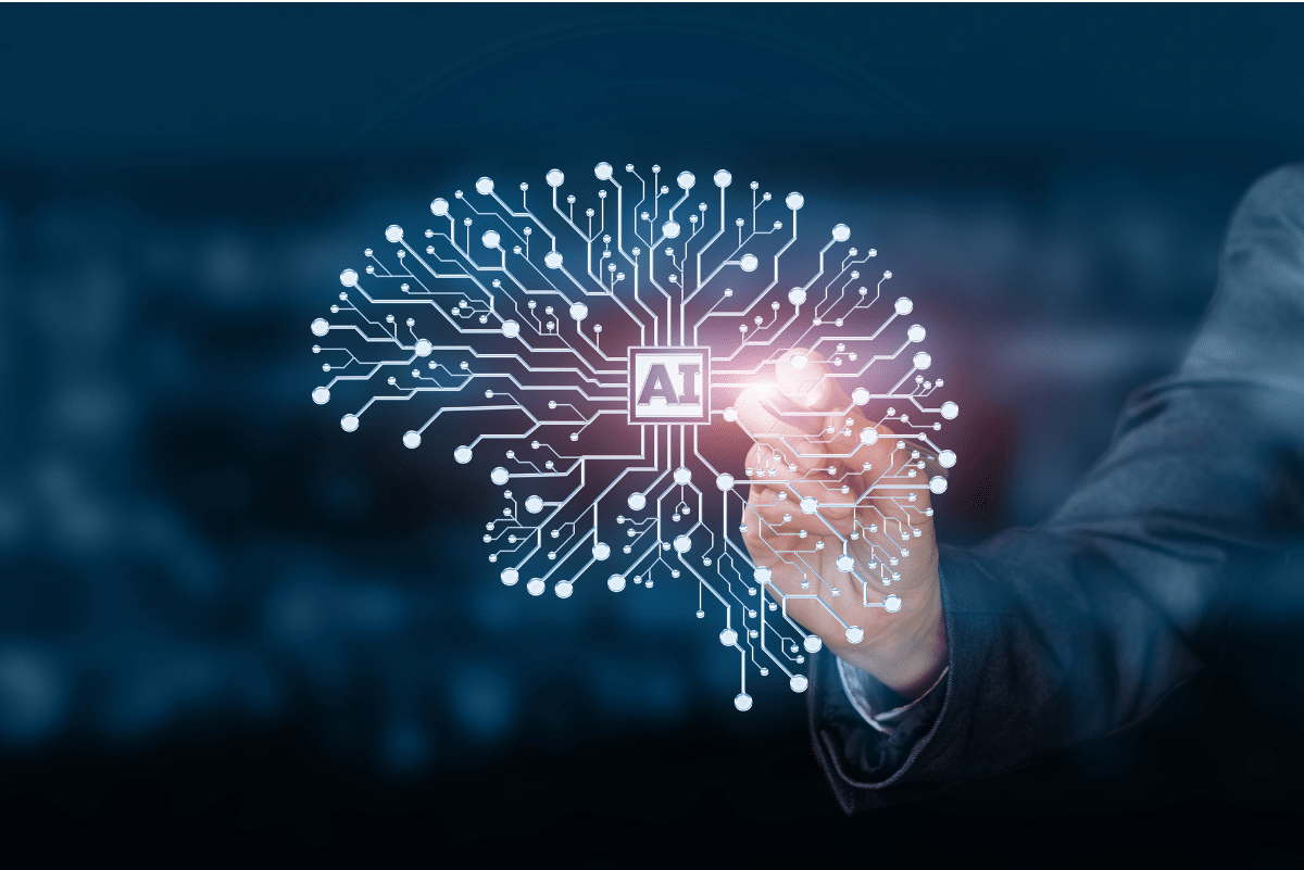 A hand reaching toward a digital brain with circuits.