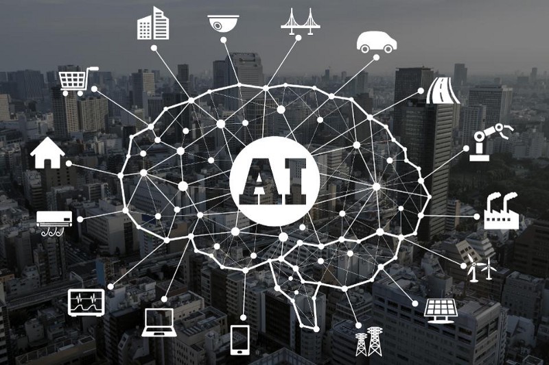 A visualization of AI's impact on urban systems like finance and healthcare.