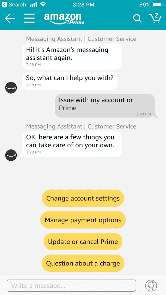 A chat interface with Amazon's customer service assistant offering support options.