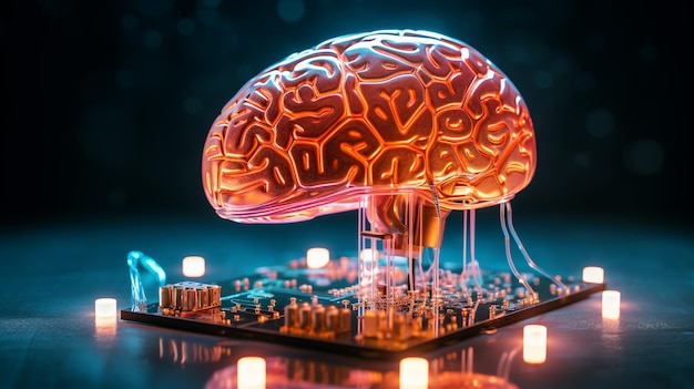 A glowing artificial brain integrated with a circuit board